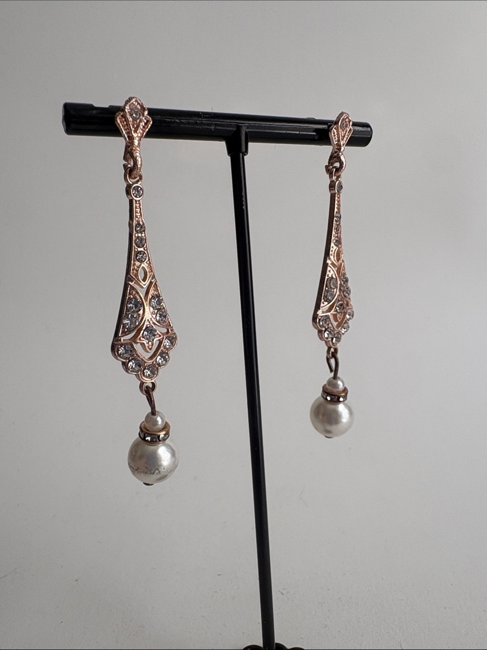Rose Gold Pearl Drop Earrings Vintage Style Crystal Women Jewelry